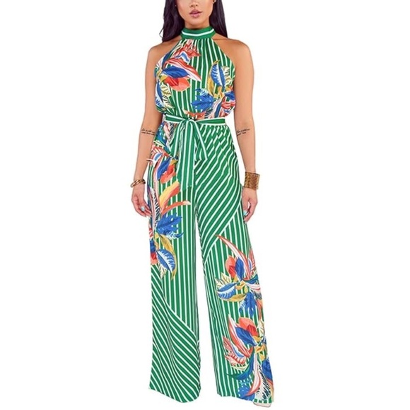 Fashion Nova M Green Jumpsuit Halter Style Tropical Sleeveless Sexy Vacation - Picture 1 of 11